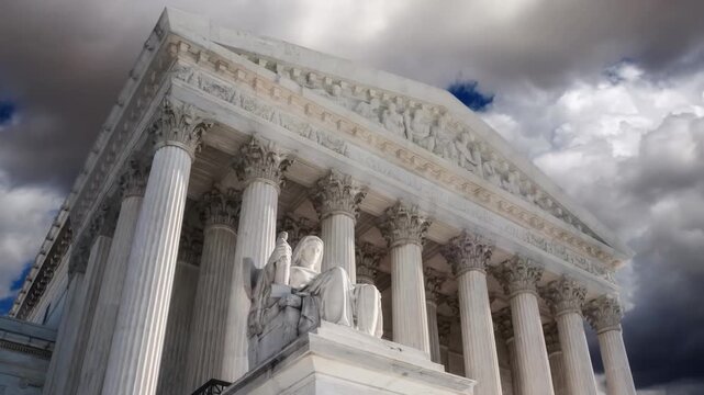 Low Angle View of the United States Supreme Court Building with Dramatic Clouds, Washington DC Government Landmark, 4K