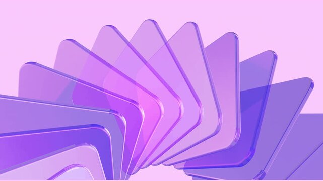 Transparent 3D glass rectangles flowing in a seamless abstract motion. Contemporary crystal surfaces with vibrant purple gradient reflections on transparent background