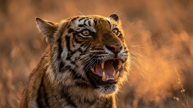 Dramatic roaring tiger close up portrait in golden light showing powerful fangs, low angle cinematic composition.