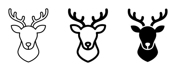 Obraz premium Deer Head Icons, Vector Set: Outline, Silhouette, and Filled Styles for Wildlife and Holiday Themes