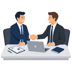 Obraz premium Two Businessmen Shaking Hands at Office Desk Over Successful Deal and Partnership Agreement Illustration