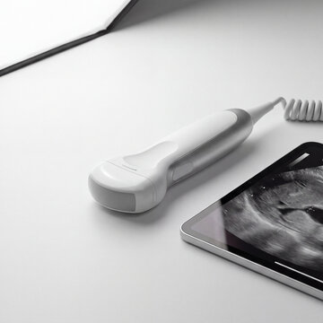 A studio product shot of an AI enabled handheld ultrasound probe beside a tablet showing an abstract scan image on a clean white surface. Soft diffused lighting, sharp material detail and large.