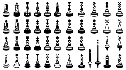 Maritime Navigation Buoys and Sea Warning Marker Silhouette Vector Icon Set Featuring IALA Cardinal Marks, Lateral Buoys, Safe Water Signals, and Channel Safe Waterway Topmarks © MdSabbir
