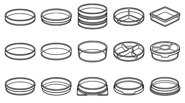 Scientific Laboratory Petri Dish and Cell Culture Plate Linear Vector Icon Set Featuring Compartmentalized Dishes, Stacked Culturing Trays, Deep Wells, and Glass Agar Container Graphics