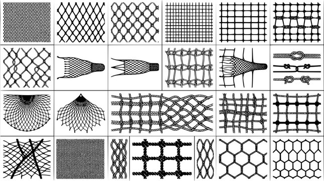 Industrial Metal Mesh and Wire Netting Structure Vector Icon Set Featuring Diamond Chain Link Fences, Honeycomb Grids, Woven Fishnets, Trawl Nets, and Knotted Cord Line Patterns