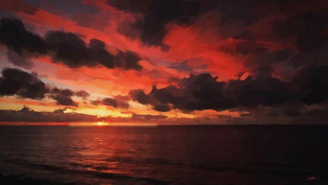 Dramatic sunset over the ocean with deep red and orange clouds filling the sky above a dark calm sea horizon, captured in a painterly style with rich textures and vibrant atmospheric light effects