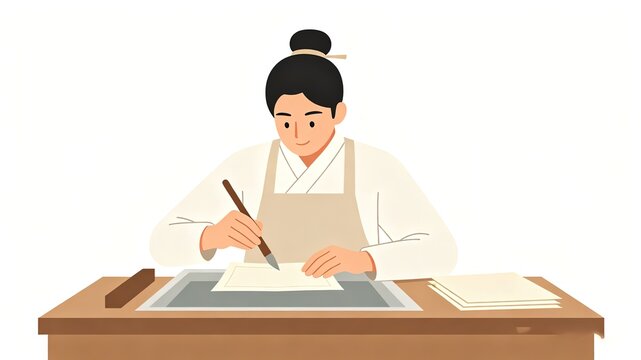 Ancient Chinese scholar writing calligraphy with writing brush on paper traditional craft flat illustration