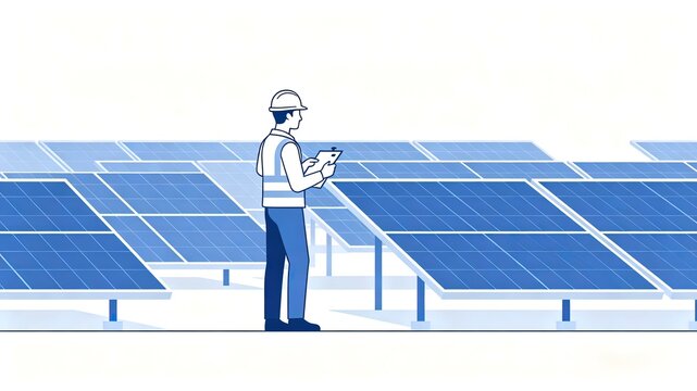 Solar power engineer inspecting photovoltaic panel array with checklist, new energy blue line illustration