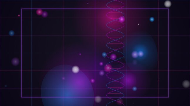 Abstract dna helix structure with glowing neon light particles on a dark purple digital background