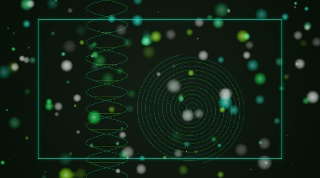 Abstract green digital dna helix and radar circle frame with glowing particles on dark background