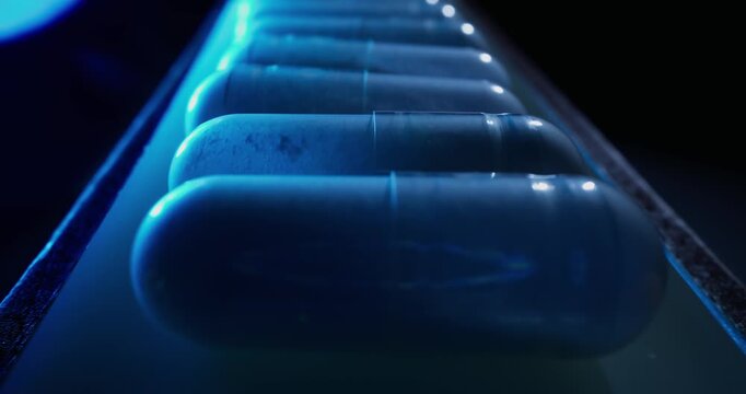 Blue capsules moving along conveyor belt in pharmaceutical production line in sterile factory environment, macro probe lens.