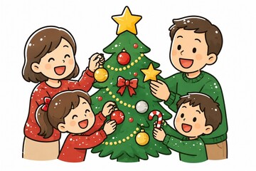 Fototapeta premium 笑顔の家族がクリスマスツリーを飾り付けする幸せなホリデーシーズンイラスト