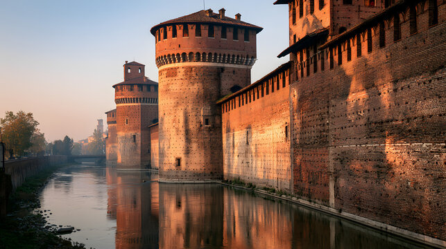Majestic Red Brick Towers of Sforza Castle with Wide Moat and Serenity of Early Morning Light