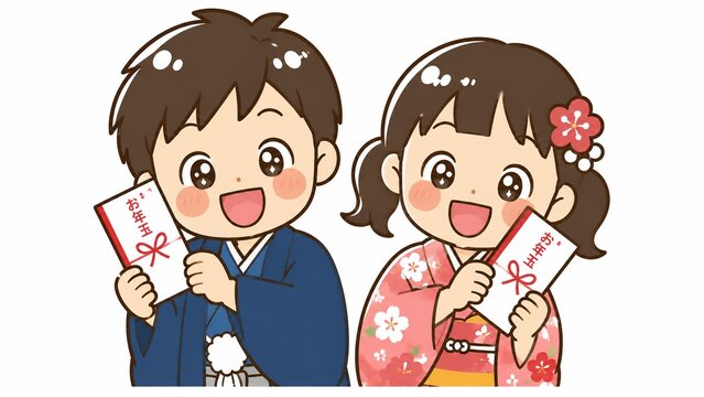 和服姿の子供たちが笑顔でお年玉のぽち袋を持つ新年のお祝いイラスト