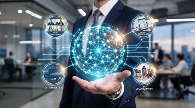 Businessman holding futuristic digital globe with network connections, video conference and mobile technology icons in modern office environment, corporate innovation concept