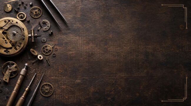 Vintage clock parts and tools on wooden workbench