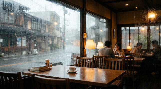 雨の日に賑わうカフェの店内