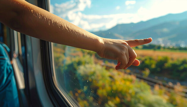 A Journey of Wonder: A child's hand reaches out from a train window, pointing towards a picturesque landscape of rolling hills and distant mountains, symbolizing adventure and exploration.