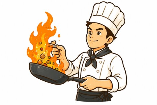 フライパンを炎上させてフランベ調理をする男性シェフのイラスト