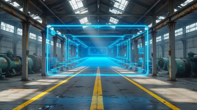 Abandoned Airship Hangar with Floating Holographic Conference Chamber