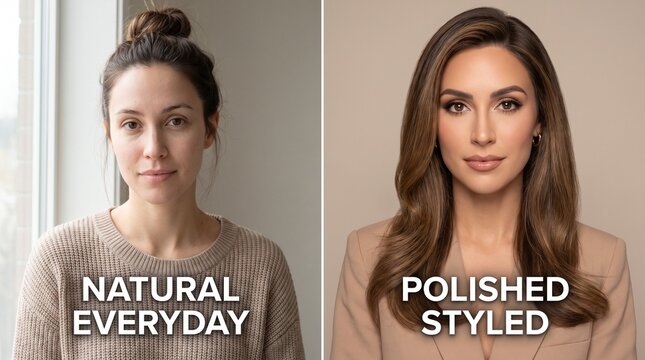 Woman before and after professional makeup application beauty transformation