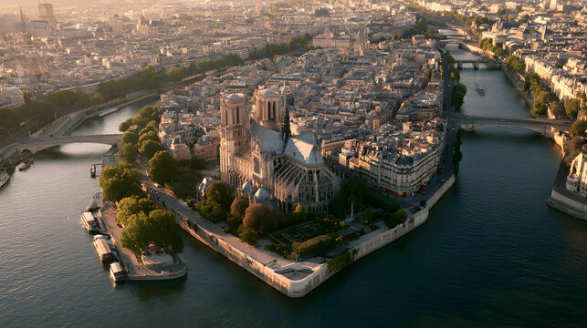 Aerial View of Notre Dame on &Icirc;le de la Cit&eacute; with Scenic Paris Skyline and River Seine at Sunset
