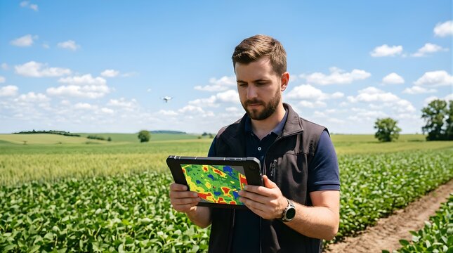 Farmer using digital tablet for crop analysis in a sunny green field