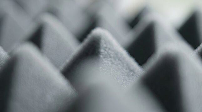 Close-up of grey acoustic foam texture. Soundproofing studio wall panel for noise absorption background.