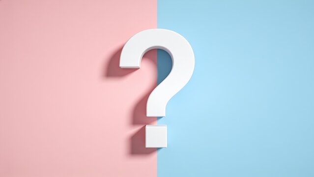 design with a vertical split background, where the left half is a soft pink and the right half is a light blue. Centered in the image is a large white question mark, symbolizing uncertainty or inquiry