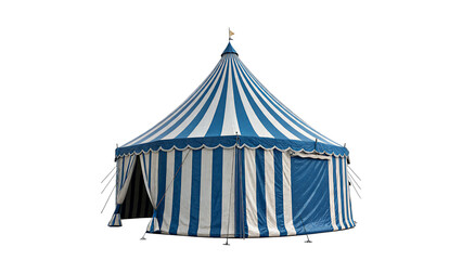 Blue and white striped retro circus tent marquee isolated on transparent background © Hanna