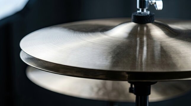 Close-up of hi-hat cymbals on a drum kit, metallic texture, studio lighting