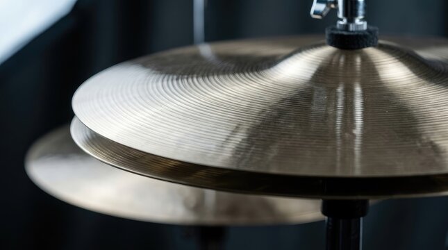 Close-up of Hi-Hat Cymbals on Drum Stand, Metallic Percussion Instrument Detail