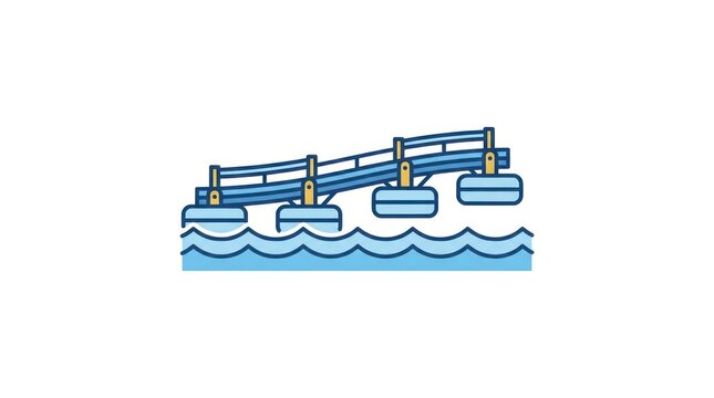 Stylized icon of a blue and yellow pontoon bridge crossing gentle blue waves