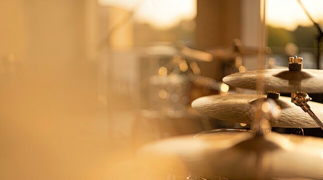 Golden Hour Cymbals on Drum Kit with Bokeh Background. Warm light on music instrument.