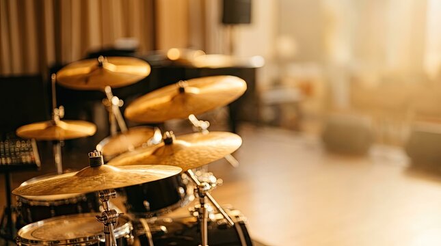 Professional drum kit with golden cymbals in music studio, ready for band performance.