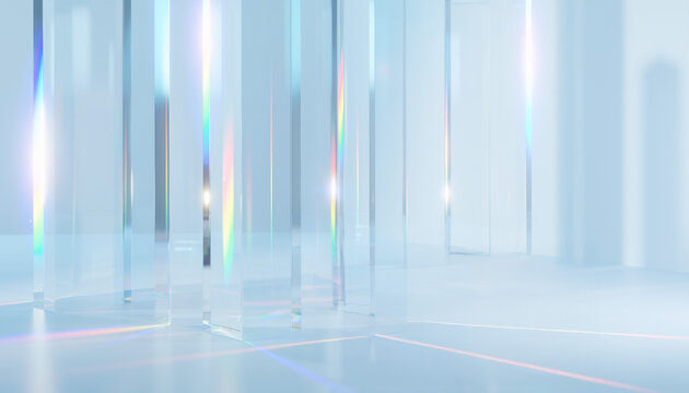 Abstract futuristic background with transparent glass prisms refractor rainbow light rays