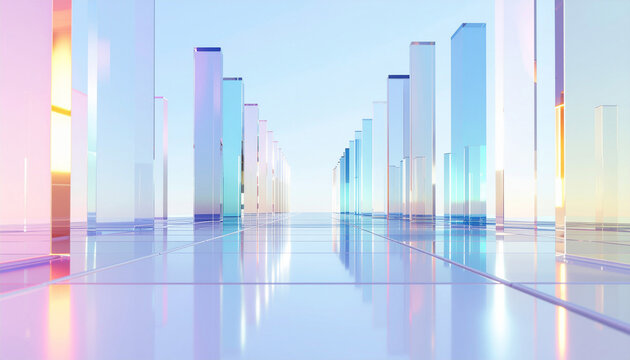 Futuristic glass city skyline background with pastel gradient crystal skyscrapers reflection