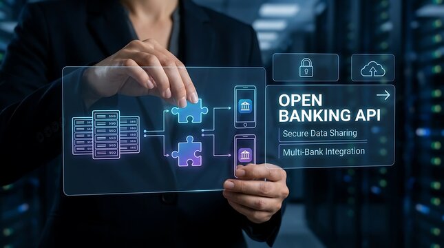 A business professional interacting with a futuristic holographic display showing open banking api financial data and digital interface