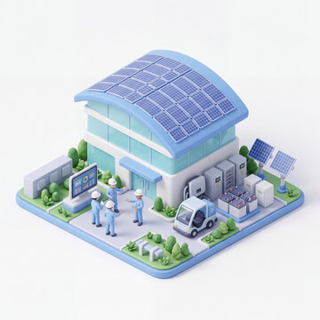 Solar Power Plant. Clean Energy Solar Power Plant. 3D Isometric on White Background