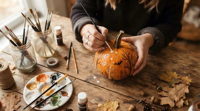 Artist painting autumnal designs on a pumpkin