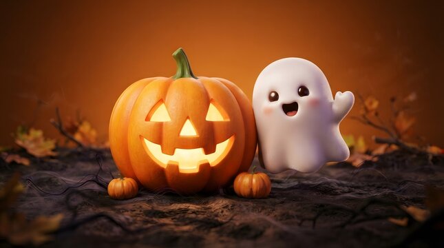 Cute cartoon pumpkin and ghost illustration