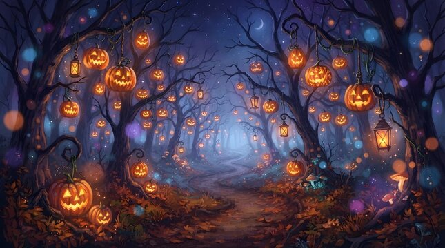 A magical forest scene featuring glowing jack o lanterns hanging from dark trees perfect for a spooky and atmospheric high quality festive halloween wallpaper background