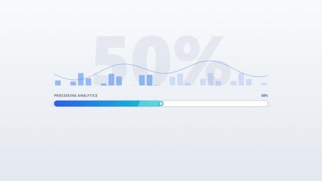 Data processing analytics progress bar design showing loading completion with modern dashboard charts