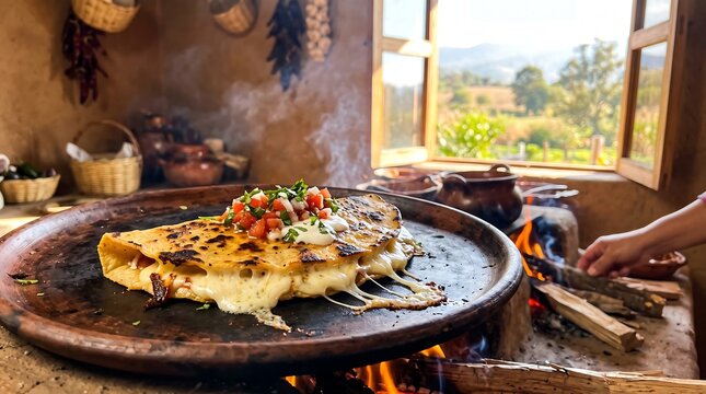 handmade corn tortilla quesadilla grilled to perfection on a traditional clay comal griddle,  Melted stretchy white Oaxaca cheese oozing out of the crisp charred tortilla edge, topped with fresh salsa