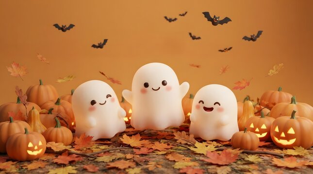 A cute festive halloween wallpaper featuring three adorable plush ghosts sitting among glowing jack o lanterns and autumn leaves with flying bats on orange background