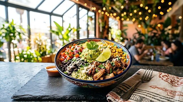  colorful Mexican burrito bowl filled with seasoned black beans, lime rice, seared carnitas, and sweet corn on a slate counter,  Scoop of creamy avocado guacamole, pico de gallo, and fresh lime wedge 
