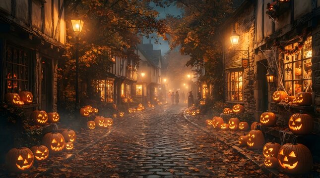 A magical cobblestone street decorated with glowing jack o lanterns at night perfect for a spooky and atmospheric halloween wallpaper for your digital desktop background
