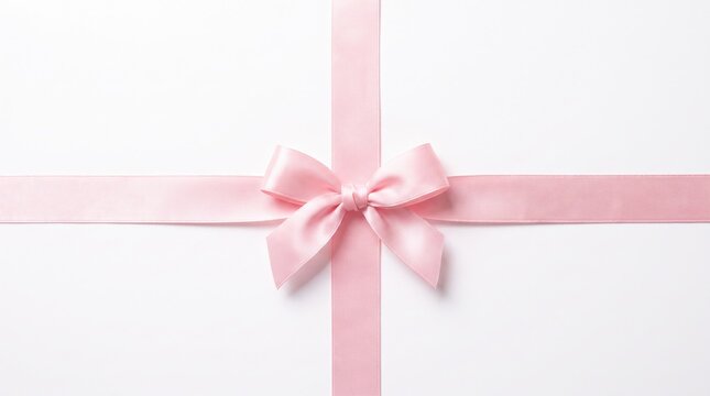 Top view of a pink ribbon tied in a bow on a clean white background