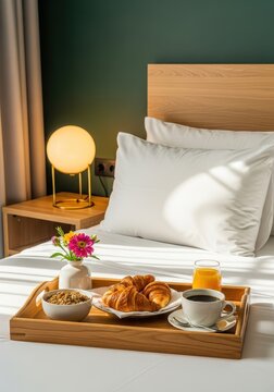 Luxury hotel breakfast tray on white bed with croissants, coffee, and fresh flowers in morning light