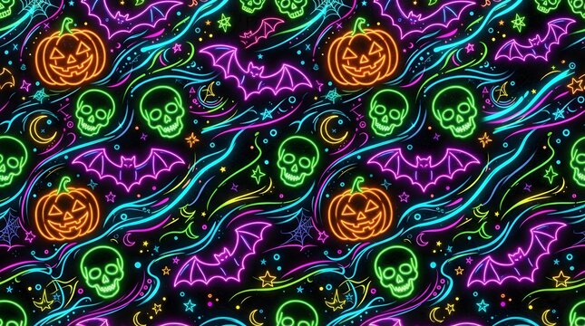 Neon halloween pattern with pumpkins skulls and bats